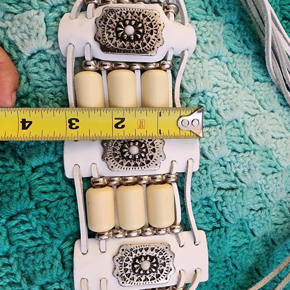 Vintage white leather wide belt bead embellished